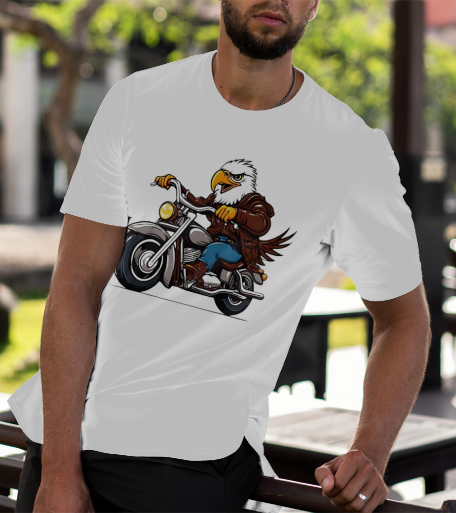 Eagle Riding Motorcycle In Brown Jacket And Blue Jeans T-Shirt