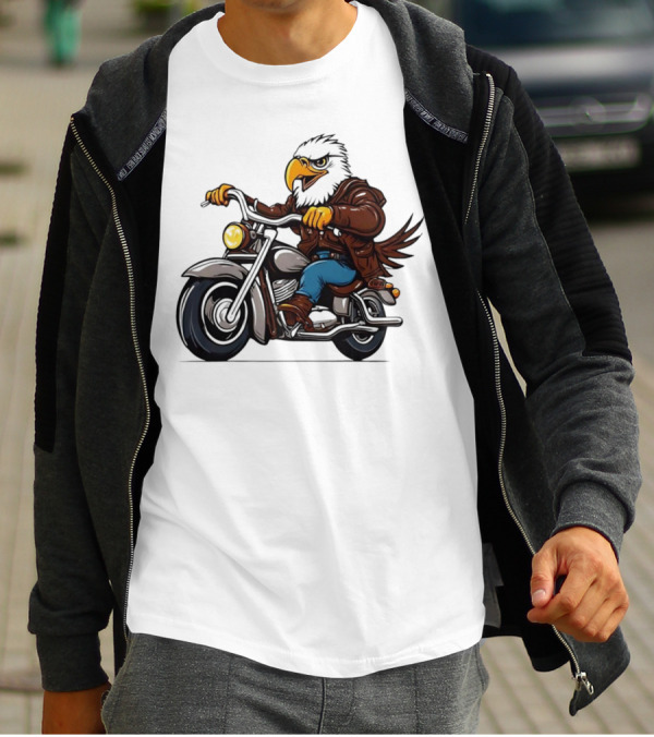 Eagle Riding Motorcycle In Brown Jacket And Blue Jeans T-Shirt