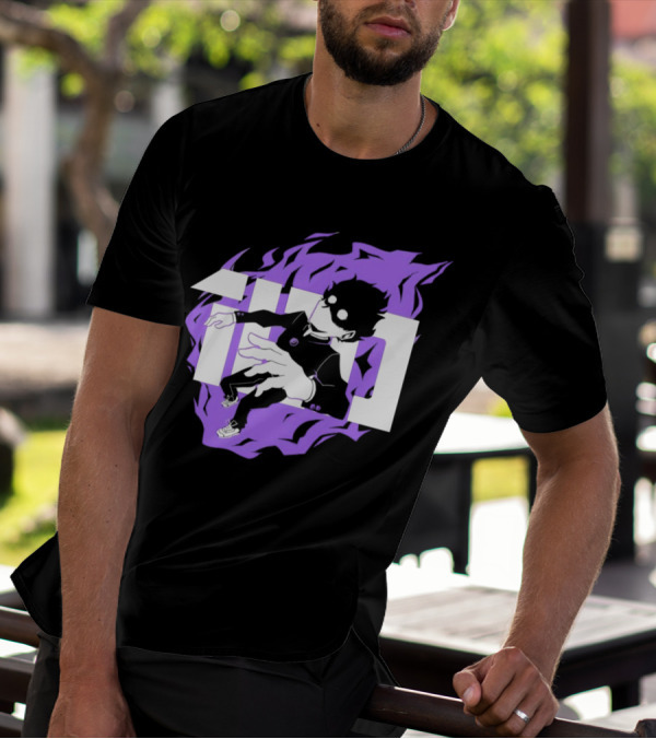 Mob Psycho 100 Psyched Out Character With Purple Aura And Bold Typography T-Shirt