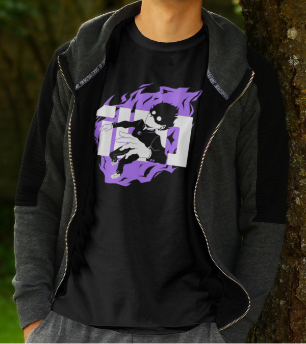 Mob Psycho 100 Psyched Out Character With Purple Aura And Bold Typography T-Shirt