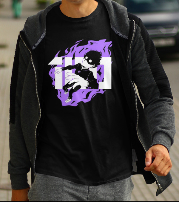 Mob Psycho 100 Psyched Out Character With Purple Aura And Bold Typography T-Shirt