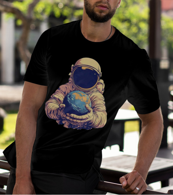 Astronaut Embracing Planet Earth Cosmic Guardians Of Home T-Shirt