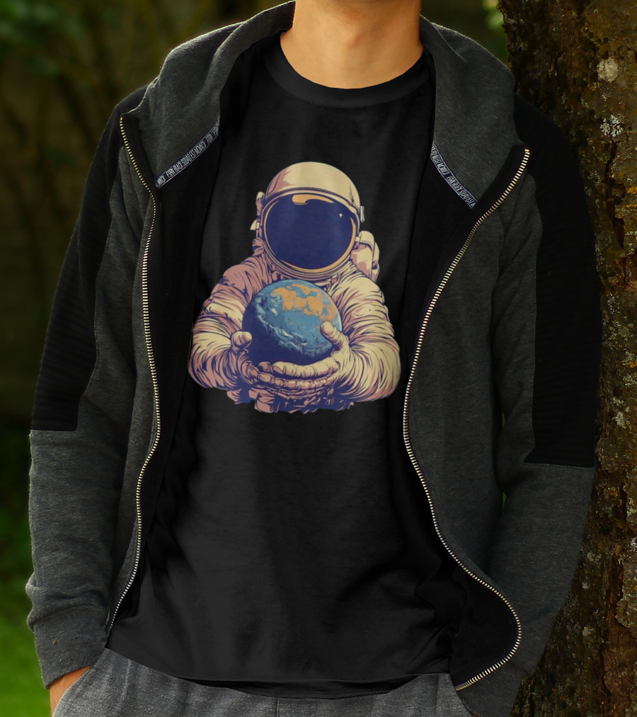 Astronaut Embracing Planet Earth Cosmic Guardians Of Home T-Shirt