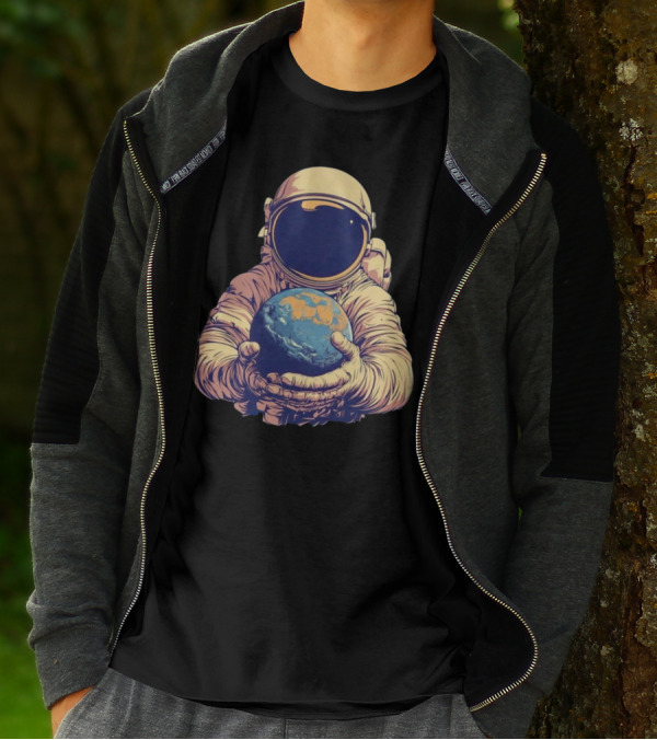 Astronaut Embracing Planet Earth Cosmic Guardians Of Home T-Shirt