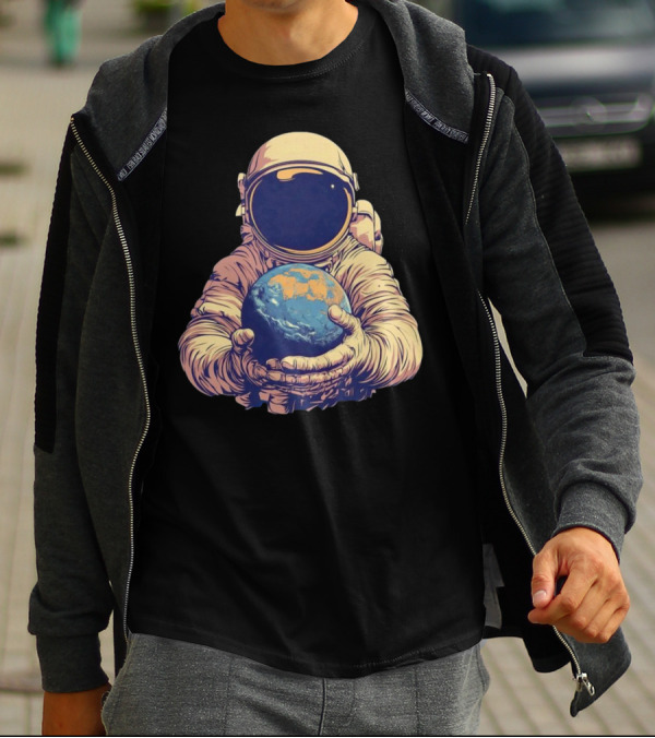 Astronaut Embracing Planet Earth Cosmic Guardians Of Home T-Shirt