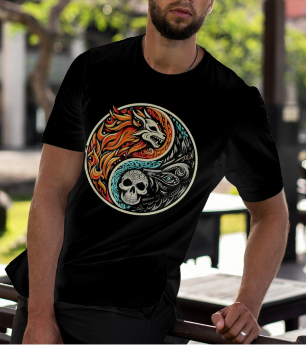 Wolf Warrior Yin Yang Skull Flame Elements T-Shirt