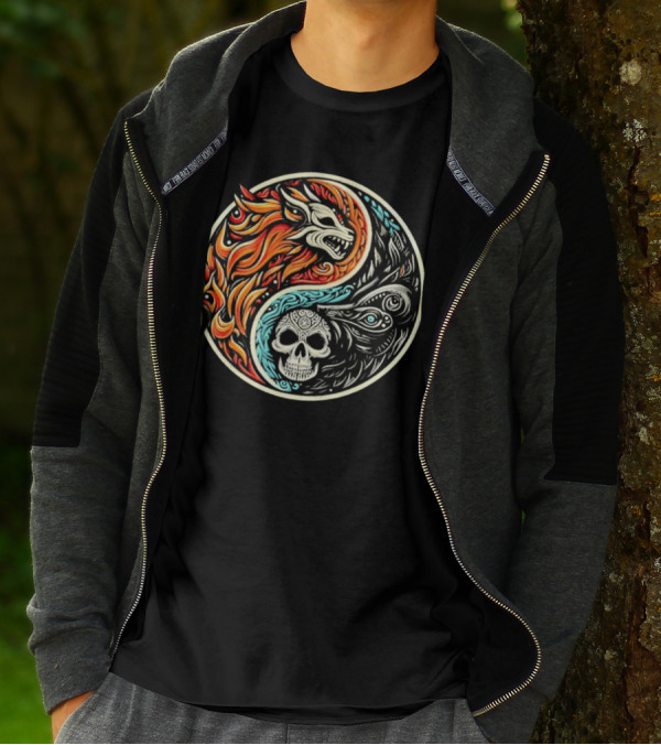 Wolf Warrior Yin Yang Skull Flame Elements T-Shirt