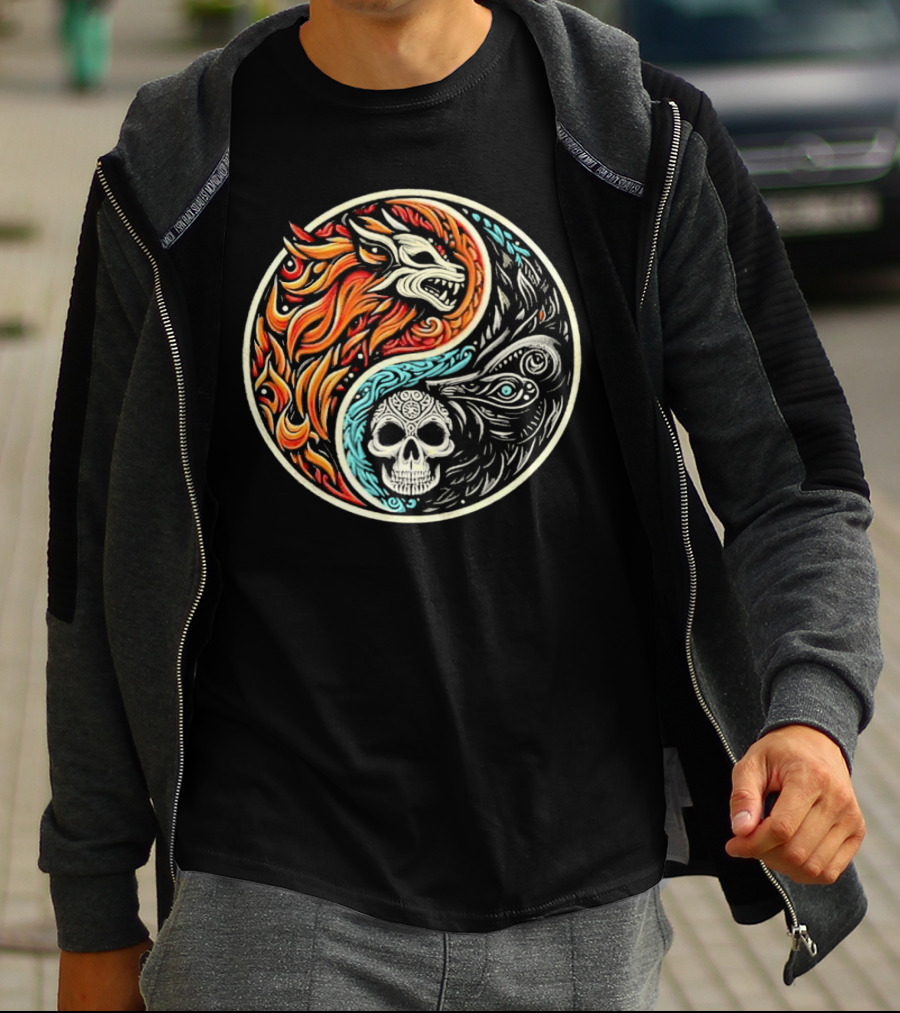 Wolf Warrior Yin Yang Skull Flame Elements T-Shirt