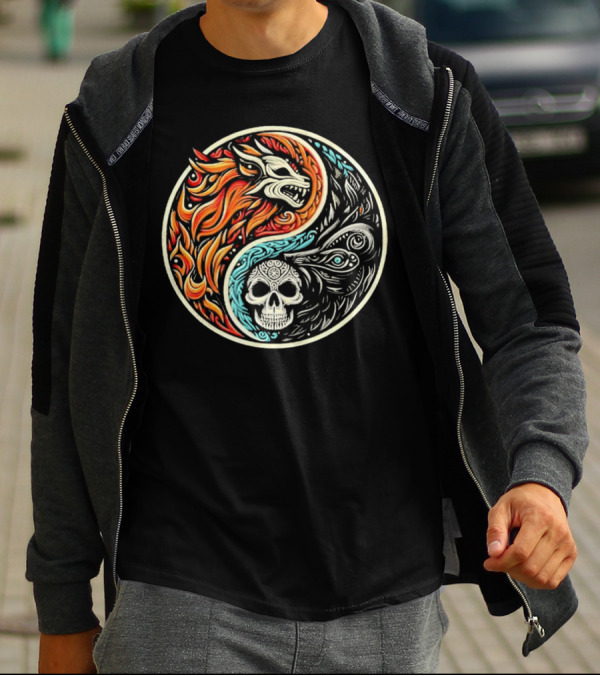 Wolf Warrior Yin Yang Skull Flame Elements T-Shirt