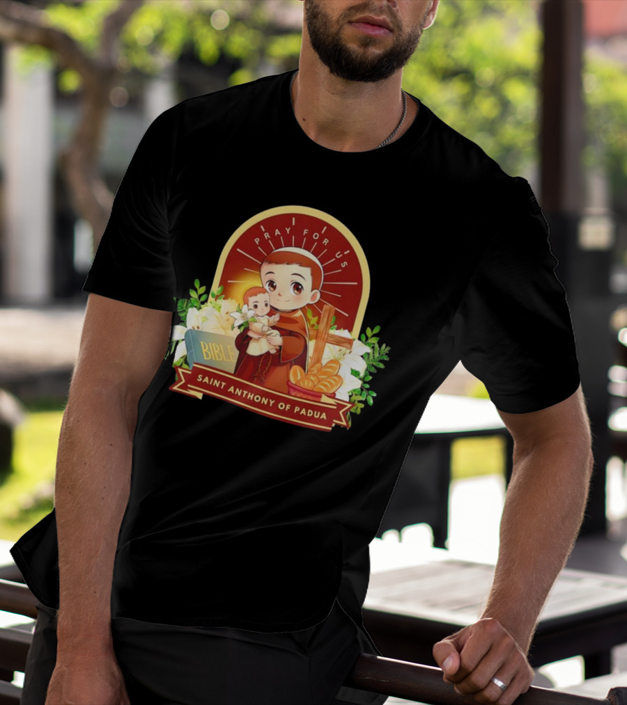 Saint Anthony Of Padua Pray For Us Cartoon With Bible And Bread T-Shirt