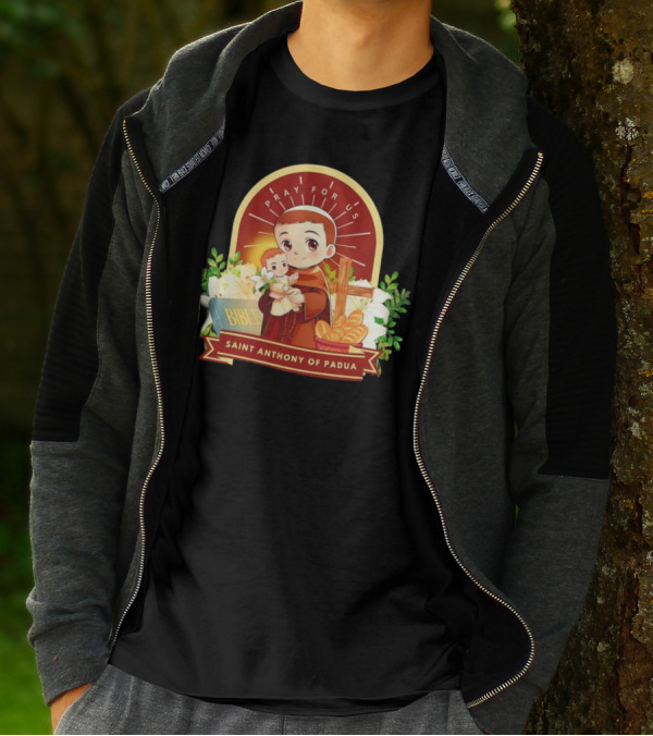 Saint Anthony Of Padua Pray For Us Cartoon With Bible And Bread T-Shirt