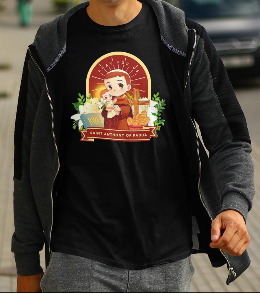 Saint Anthony Of Padua Pray For Us Cartoon With Bible And Bread T-Shirt