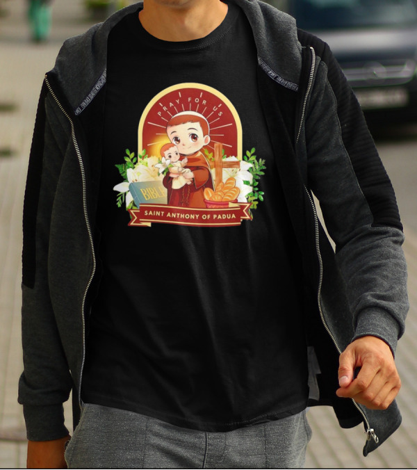 Saint Anthony Of Padua Pray For Us Cartoon With Bible And Bread T-Shirt