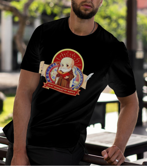 Saint Benedict Of Nursia Pray For Us Cartoon M O L I V B Senitas Munian E I V B Benedict II O S Smqlv X O P S V R S M Q L I V B P A X C S P B T-Shirt