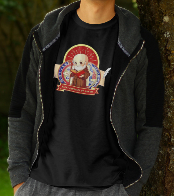 Saint Benedict Of Nursia Pray For Us Cartoon M O L I V B Senitas Munian E I V B Benedict II O S Smqlv X O P S V R S M Q L I V B P A X C S P B T-Shirt