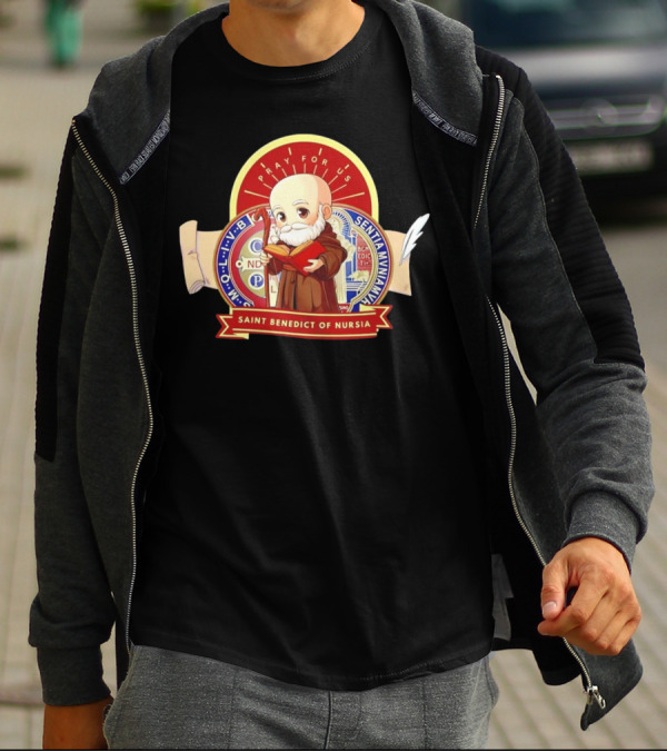 Saint Benedict Of Nursia Pray For Us Cartoon M O L I V B Senitas Munian E I V B Benedict II O S Smqlv X O P S V R S M Q L I V B P A X C S P B T-Shirt
