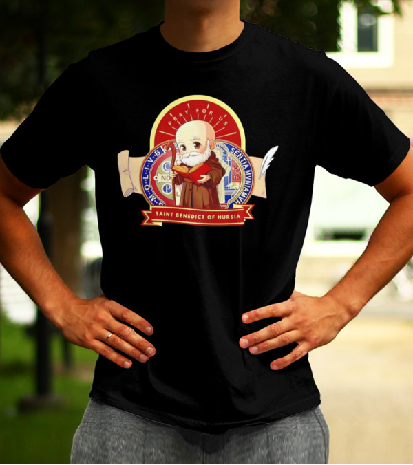 Saint Benedict Of Nursia Pray For Us Cartoon M O L I V B Senitas Munian E I V B Benedict II O S Smqlv X O P S V R S M Q L I V B P A X C S P B T-Shirt