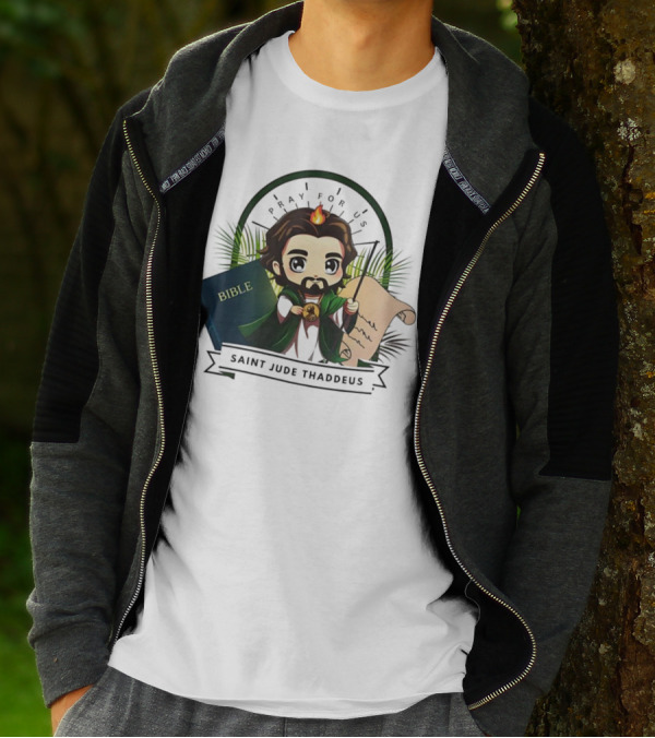 Saint Jude Thaddeus Pray For Us Cartoon Bible Scroll Flame T-Shirt