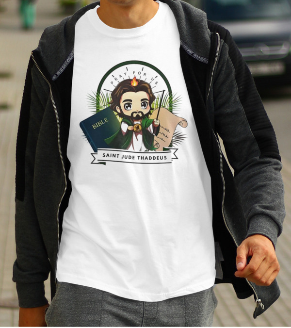 Saint Jude Thaddeus Pray For Us Cartoon Bible Scroll Flame T-Shirt