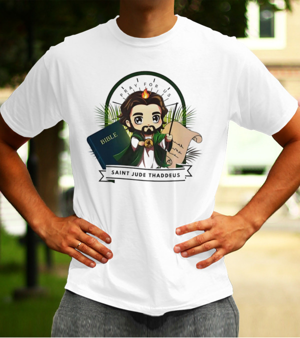 Saint Jude Thaddeus Pray For Us Cartoon Bible Scroll Flame T-Shirt