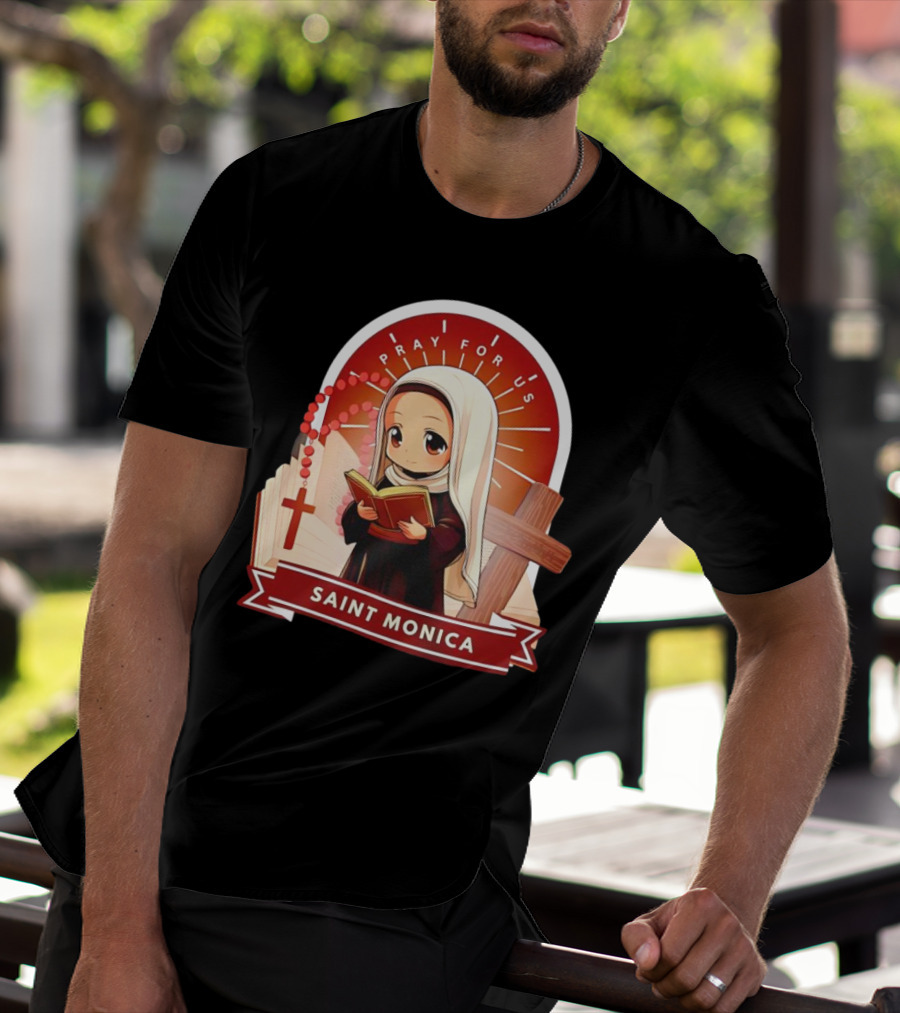 Saint Monica Pray For Us Cartoon Hippo Theme With Book And Cross T-Shirt