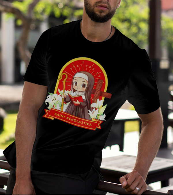 Saint Scholastica Pray For Us Cartoon Cute Nun Illustration With Cross And Flowers T-Shirt