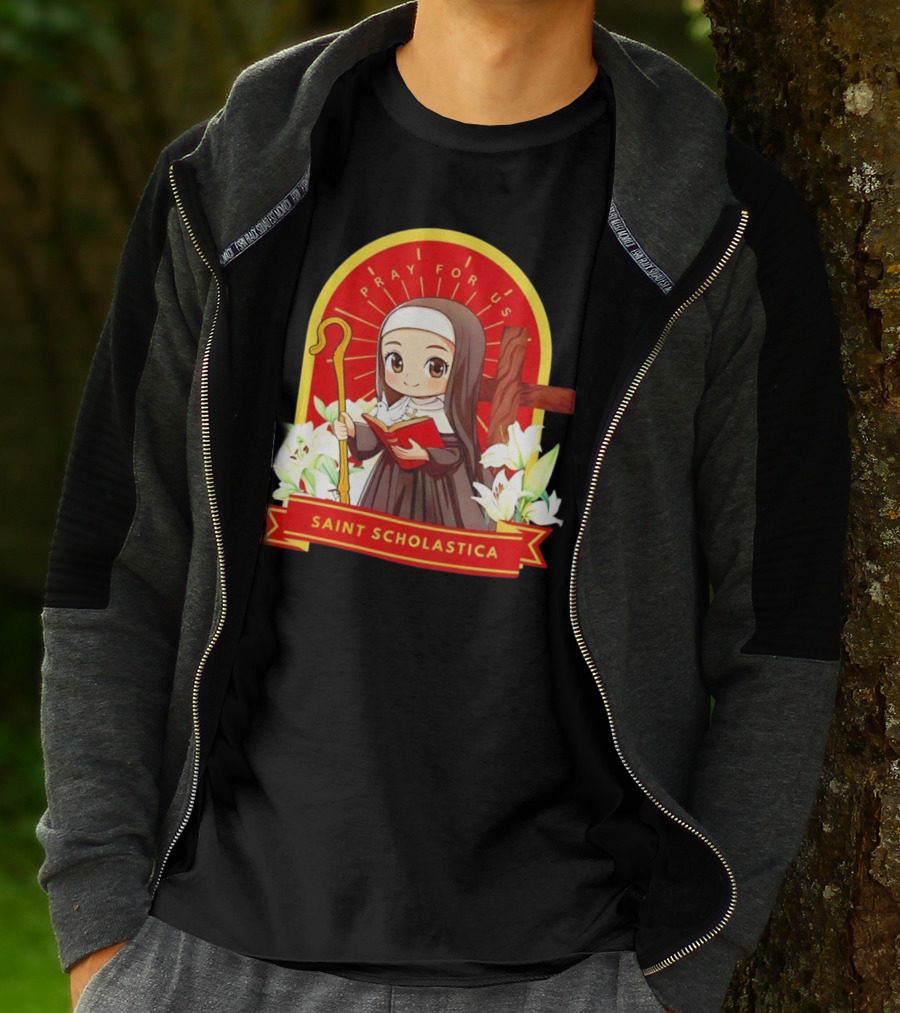 Saint Scholastica Pray For Us Cartoon Cute Nun Illustration With Cross And Flowers T-Shirt