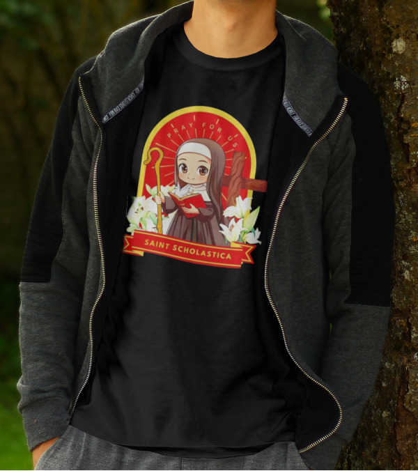 Saint Scholastica Pray For Us Cartoon Cute Nun Illustration With Cross And Flowers T-Shirt