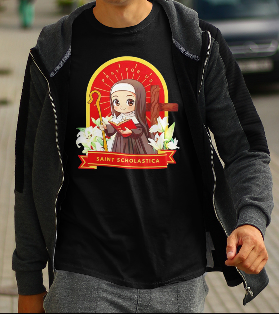 Saint Scholastica Pray For Us Cartoon Cute Nun Illustration With Cross And Flowers T-Shirt