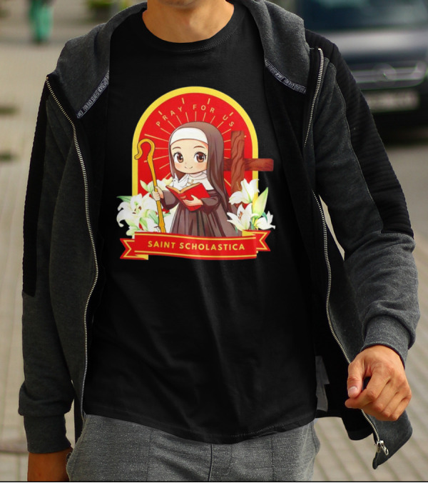 Saint Scholastica Pray For Us Cartoon Cute Nun Illustration With Cross And Flowers T-Shirt