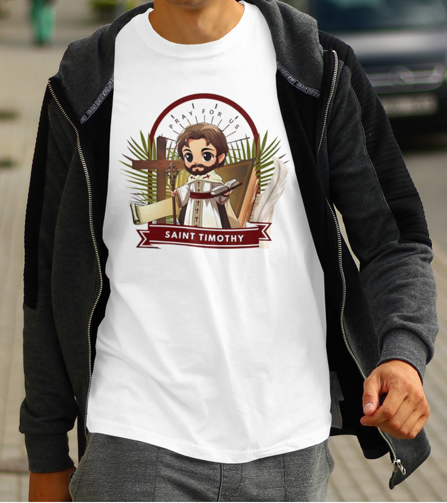 Saint Timothy Pray For Us Cartoon With Cross And Feather Motif T-Shirt