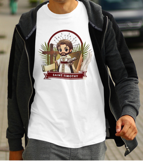 Saint Timothy Pray For Us Cartoon With Cross And Feather Motif T-Shirt