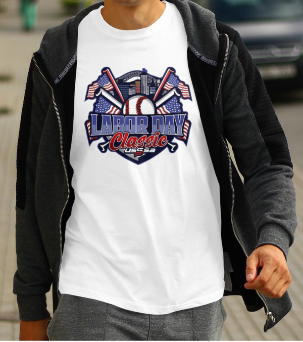 Labor Day Classic USSSA Baseball Crossed Bats And American Flag Themed Shield Logo T-Shirt