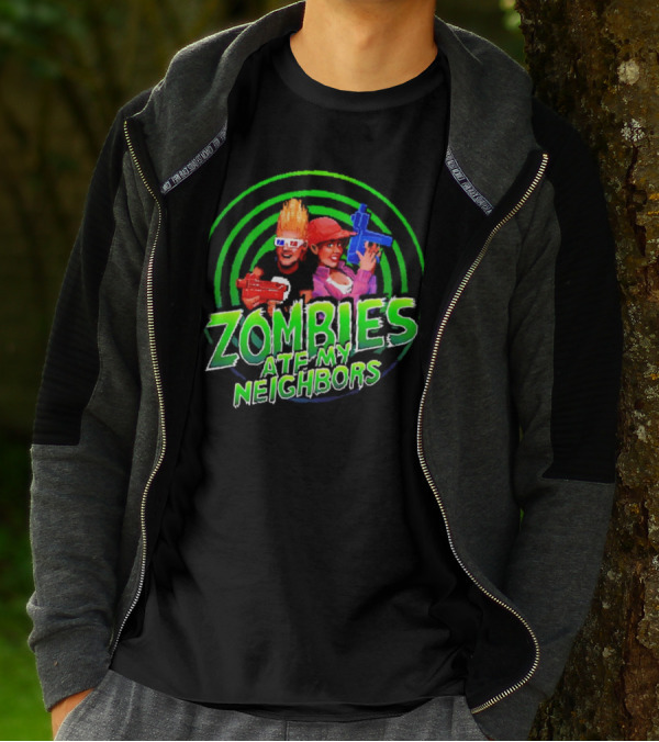 Zombies Ate My Neighbors Zombie Hunters Game Retro Style 90s Arcade Action Kids With Toy Blasters T-Shirt