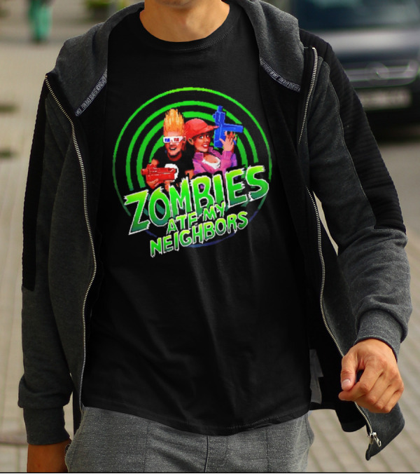 Zombies Ate My Neighbors Zombie Hunters Game Retro Style 90s Arcade Action Kids With Toy Blasters T-Shirt