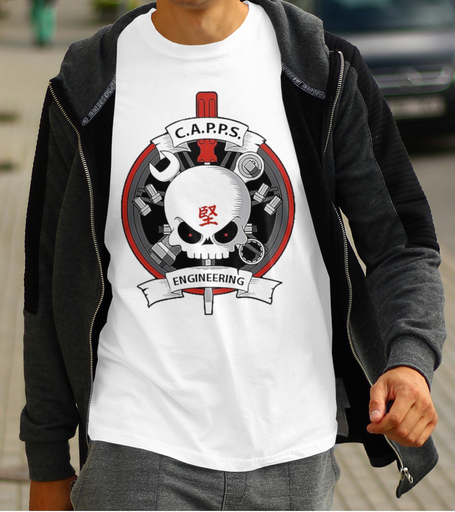 C.A.P.P.S. Engineering Skull With Tools And Red T-Shirt