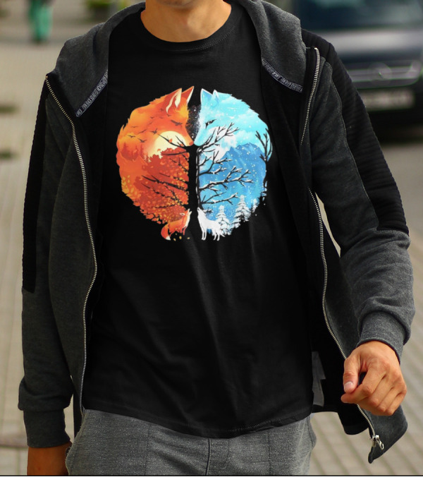 Fire And Ice Fox Dual Seasons Tree T-Shirt