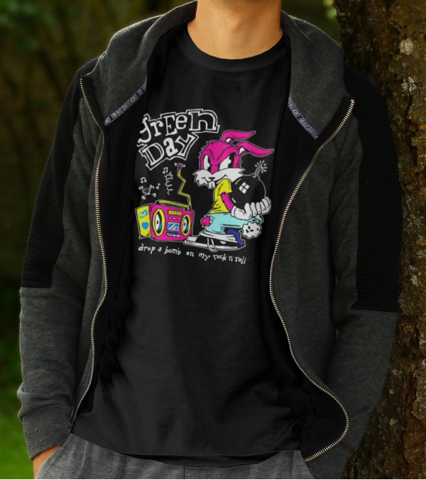 Green Day Drop A Bomb On My Rock ‘N’ Roll Pink Rabbit And Boombox T-Shirt