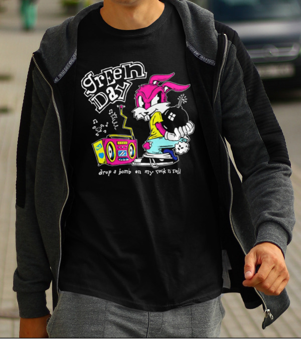 Green Day Drop A Bomb On My Rock ‘N’ Roll Pink Rabbit And Boombox T-Shirt