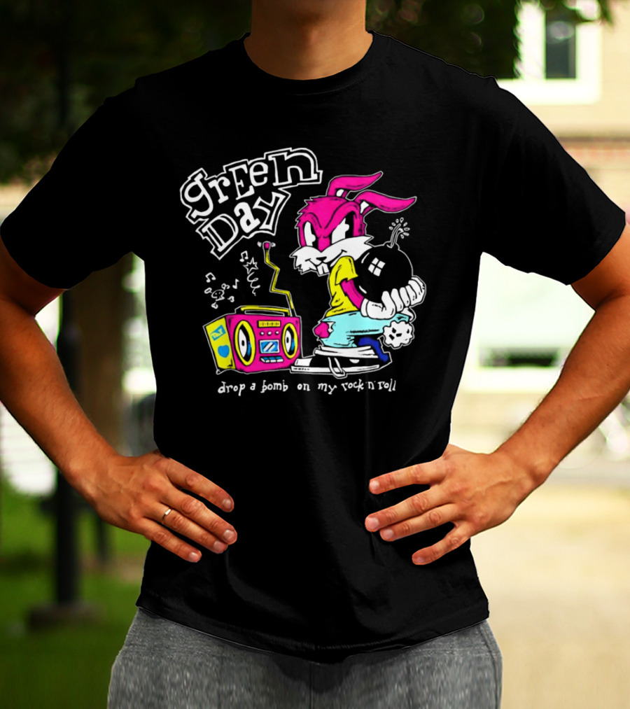 Green Day Drop A Bomb On My Rock ‘N’ Roll Pink Rabbit And Boombox T-Shirt