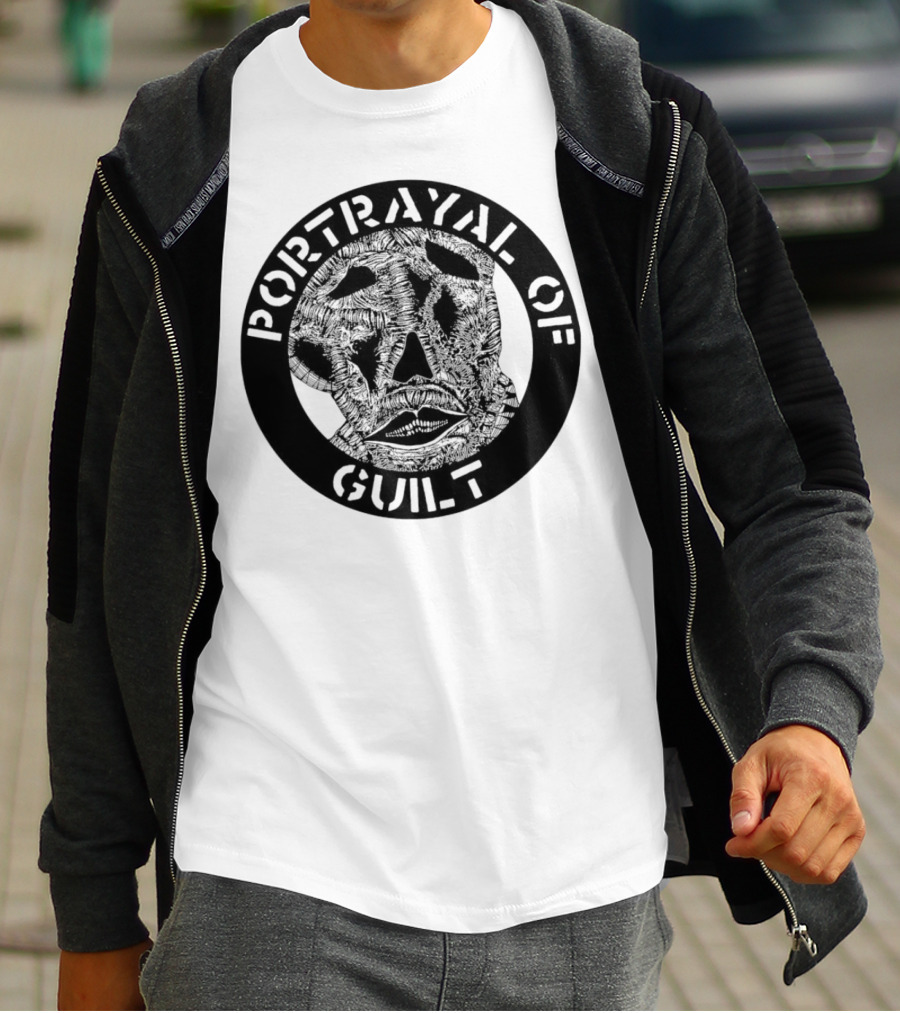 PORTRAYAL OF GUILT Circle Logo With Abstract Face T-Shirt
