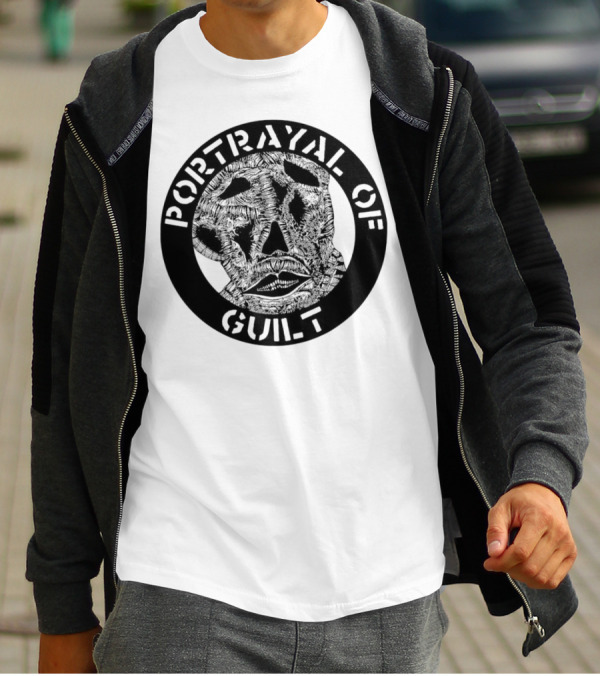 PORTRAYAL OF GUILT Circle Logo With Abstract Face T-Shirt