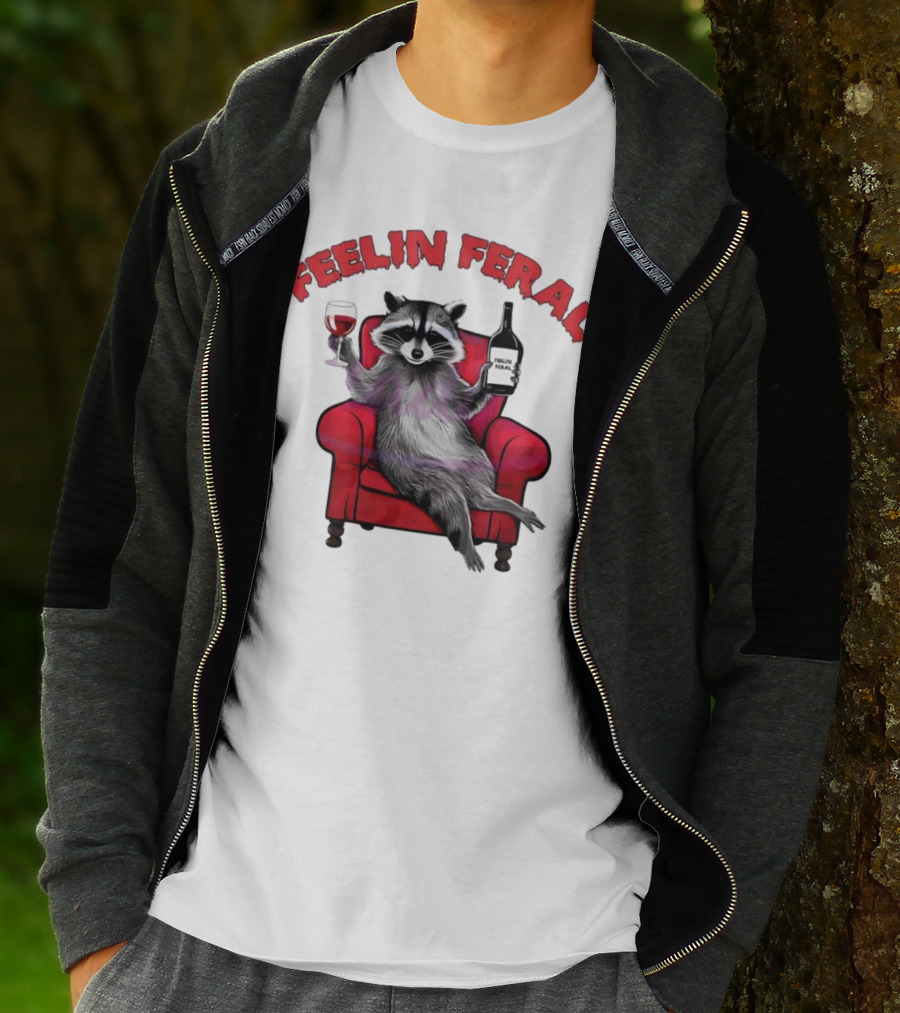 Feelin Feral Raccoon Drinking Wine Sitting On Red Armchair T-Shirt