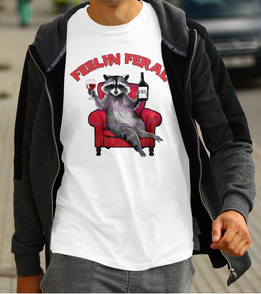 Feelin Feral Raccoon Drinking Wine Sitting On Red Armchair T-Shirt