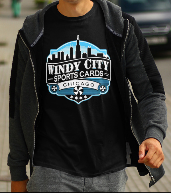 Windy City Sports Cards Chicago Skyline With Stars And Peppermint Swirls T-Shirt