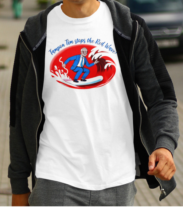 Tampon Tim Stops The Red Wave Surfing Cartoon T-Shirt