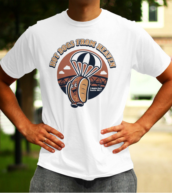 Hot Dogs From Heaven Parachuting Smiling Hot Dog Over Bridge T-Shirt