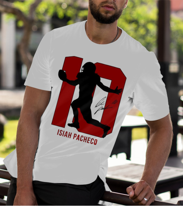Isiah Pacheco Number 10 Kansas City Chiefs Silo Signature Action T-Shirt