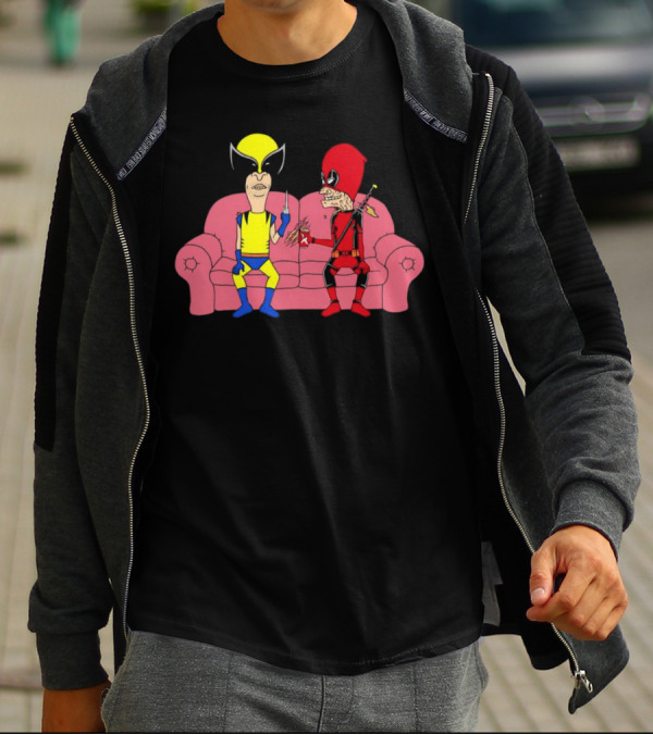 Beavis And Butt-Head X Deadpool And Wolverine Characters Crossover Cartoon Sitting On Couch T-Shirt