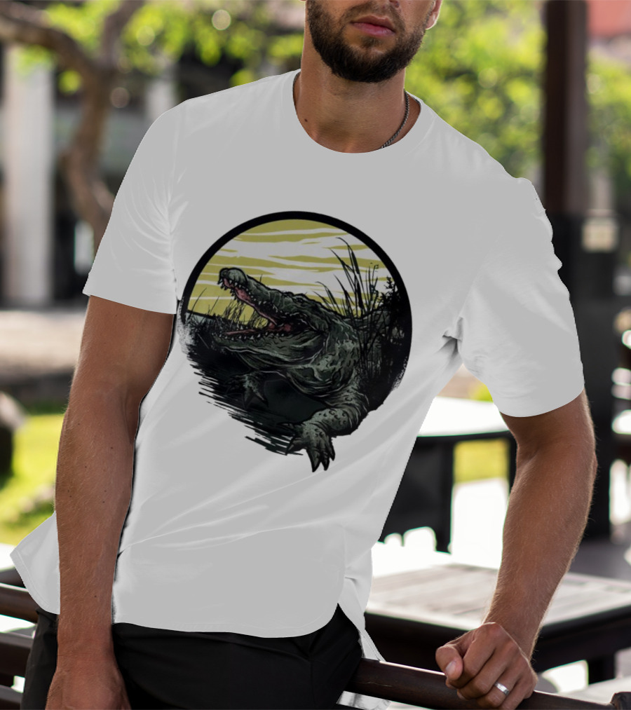 Crocodile Emerging From Water With Yellow Sky And Reeds T-Shirt